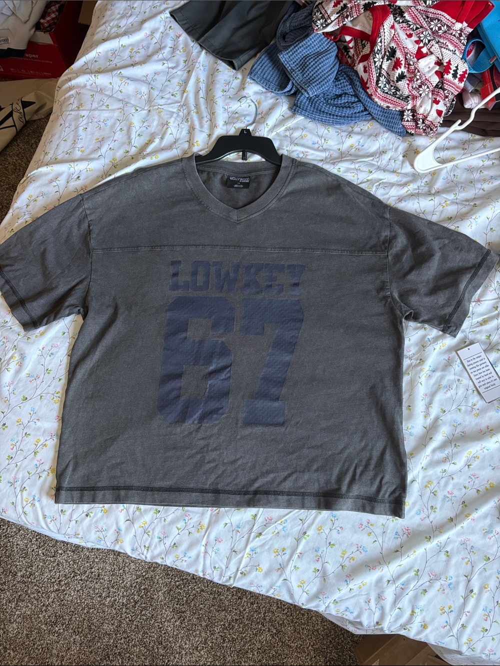 Lowkey 87 Graphic V-Neck Tee - Charcoal Gray Men’s Top